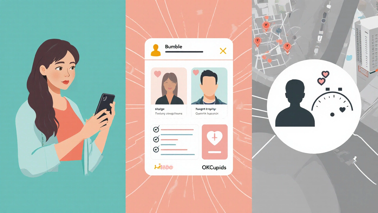 Иллюстрация, показывающая особенности Bumble, Hinge, OKCupid, Happn и Pure.