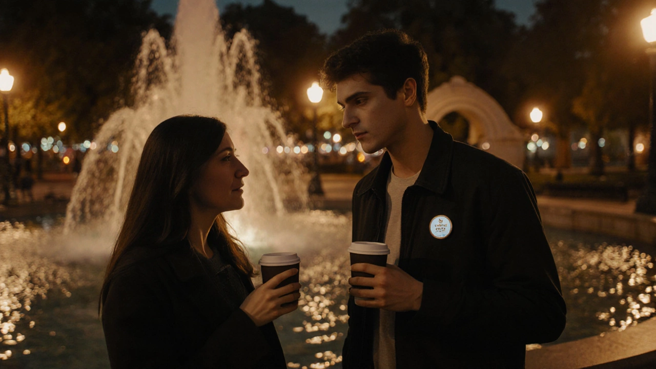 Пара встречается в вечернем парке рядом с фонтаном, ощущается безопасность.